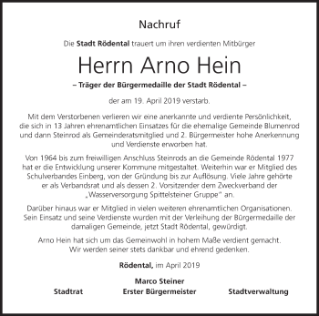 Anzeige von Arno Hein von MGO