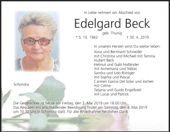 Anzeige von Edelgard Beck von MGO