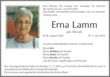 Anzeige von Erna Lamm von MGO