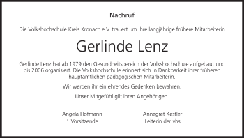 Anzeige von Gerlinde Lenz von MGO