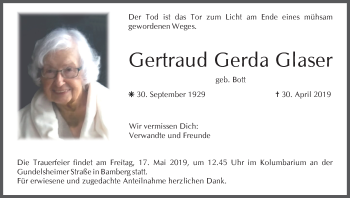 Anzeige von Gertraud Gerda Glaser von MGO