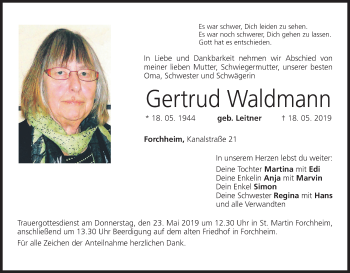 Anzeige von Gertrud Waldmann von MGO