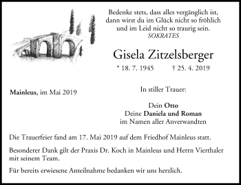 Anzeige von Gisela Zitzelsberger von MGO
