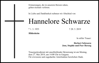 Anzeige von Hannelore Schwarze von MGO
