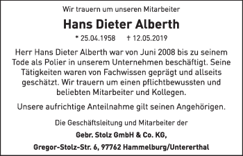 Anzeige von Hans Dieter Alberth von MGO