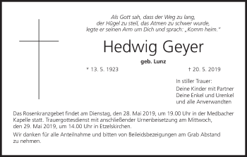 Anzeige von Hedwig Geyer von MGO