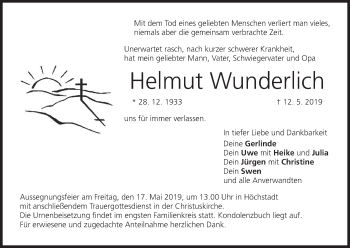 Anzeige von Helmut Wunderlich von MGO