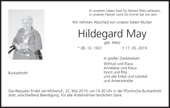 Anzeige von Hildegard May von MGO
