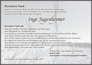 Anzeige von Inge Jugenheimer von MGO