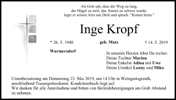 Anzeige von Inge Kropf von MGO