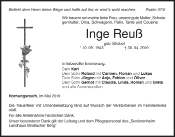 Anzeige von Inge Reuß von MGO