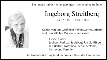 Anzeige von Ingeborg Streitberg von MGO