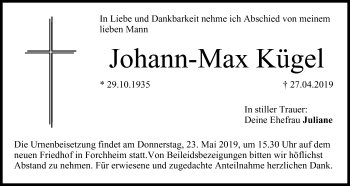 Anzeige von Johann-Max Kügel von MGO