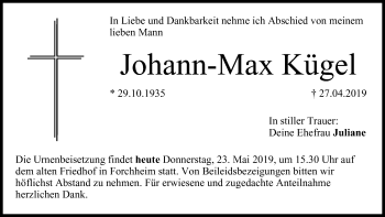 Anzeige von Johann-Max Kügel von MGO