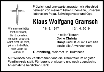 Anzeige von Klaus Wolfgang Gramsch von MGO