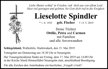 Anzeige von Lieselotte Spindler von MGO