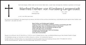 Anzeige von Manfred Freiherr von Künsberg-Langenstadt von MGO