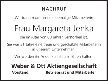 Anzeige von Margareta Jenka von MGO
