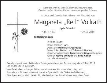 Anzeige von Margareta Vollrath von MGO