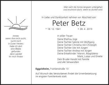 Anzeige von Peter Betz von MGO
