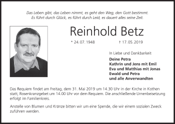 Anzeige von Reinhold Betz von MGO