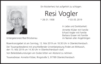 Anzeige von Resi Vogler von MGO