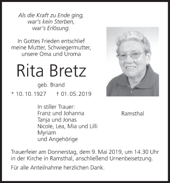 Anzeige von Rita Bretz von MGO