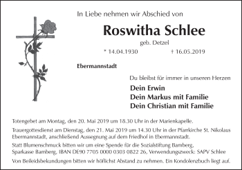 Anzeige von Roswitha Schlee von MGO