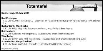 Anzeige von Totentafel vom 01.05.2019 von MGO