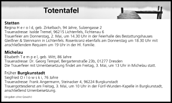 Anzeige von Totentafel vom 01.05.2019 von MGO