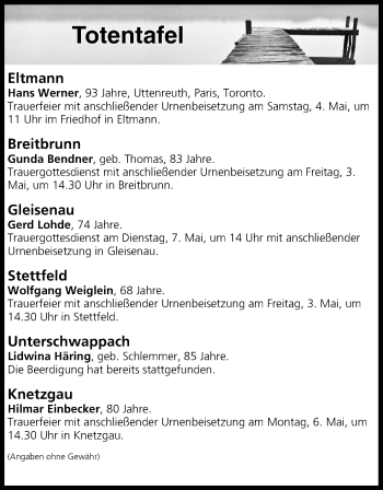 Anzeige von Totentafel vom 03.05.2019 von MGO
