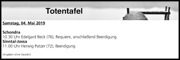 Anzeige von Totentafel vom 04.05.2019 von MGO