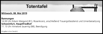 Anzeige von Totentafel vom 08.05.2019 von MGO