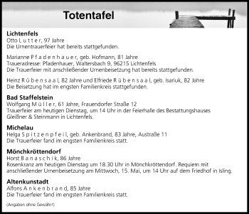 Anzeige von Totentafel vom 14.05.2019 von MGO