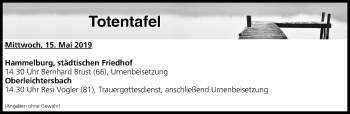 Anzeige von Totentafel vom 15.05.2019 von MGO