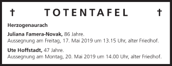 Anzeige von Totentafel vom 15.05.2019 von MGO