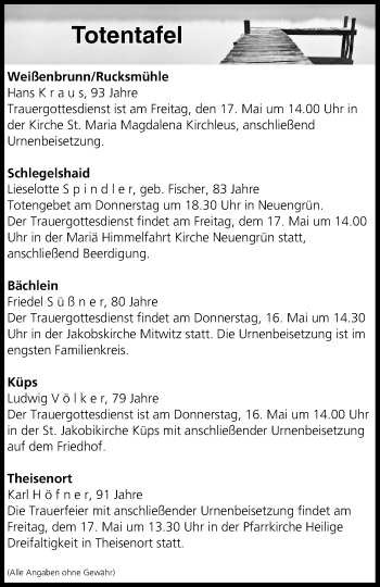 Anzeige von Totentafel vom 16.05.2019 von MGO