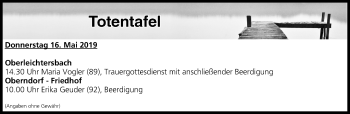 Anzeige von Totentafel vom 16.05.2019 von MGO