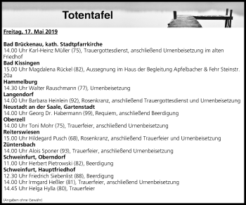 Anzeige von Totentafel vom 17.05.2019 von MGO
