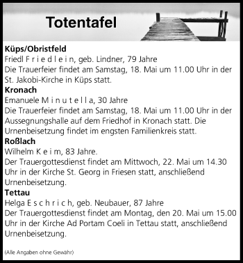 Anzeige von Totentafel vom 18.05.2019 von MGO