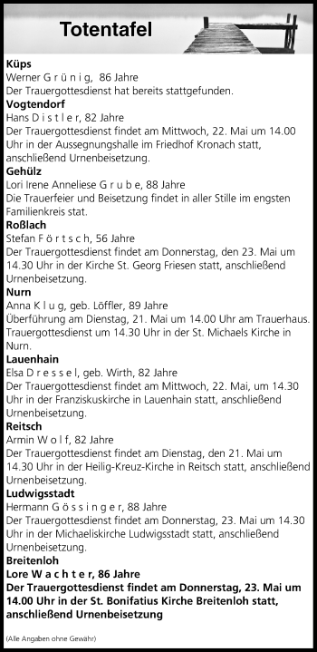 Anzeige von Totentafel vom 21.05.2019 von MGO