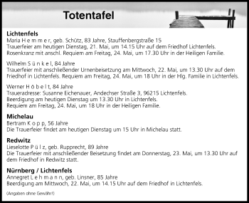 Anzeige von Totentafel vom 21.05.2019 von MGO