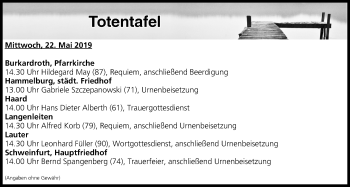 Anzeige von Totentafel vom 22.05.2019 von MGO