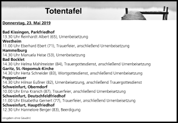 Anzeige von Totentafel vom 23.05.2019 von MGO
