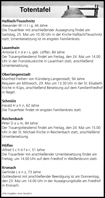 Anzeige von Totentafel vom 23.05.2019 von MGO