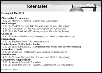 Anzeige von Totentafel vom 24.05.2019 von MGO