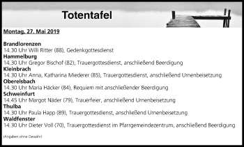 Anzeige von Totentafel vom 27.05.2019 von MGO