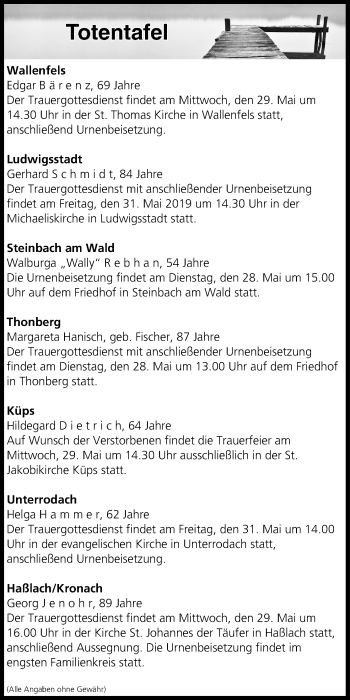 Anzeige von Totentafel vom 28.05.2019 von MGO