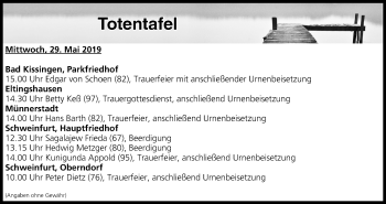 Anzeige von Totentafel vom 29.05.2019 von MGO