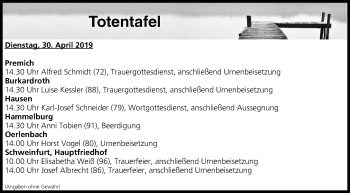 Anzeige von Totentafel vom 30.04.2019 von MGO